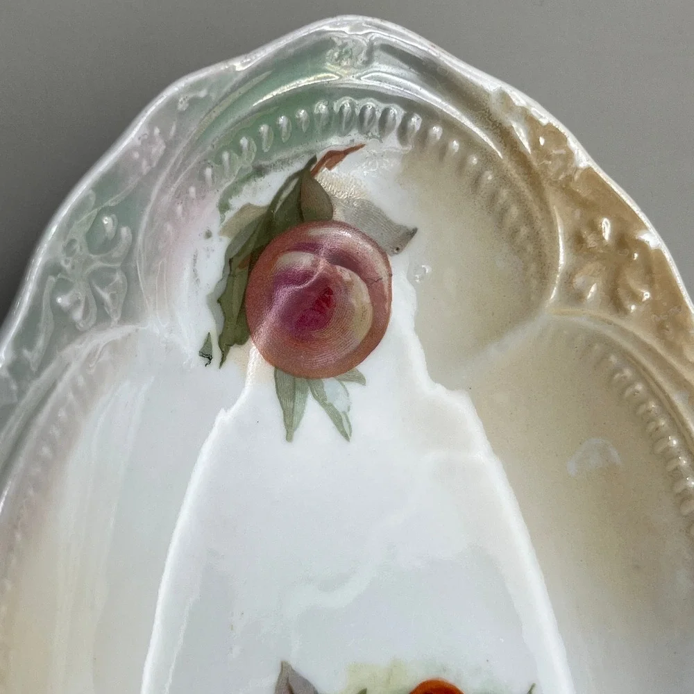 Antique Porcelain Celery Dish Fruit Floral Scalloped Lusterware‎ Serving 9.75